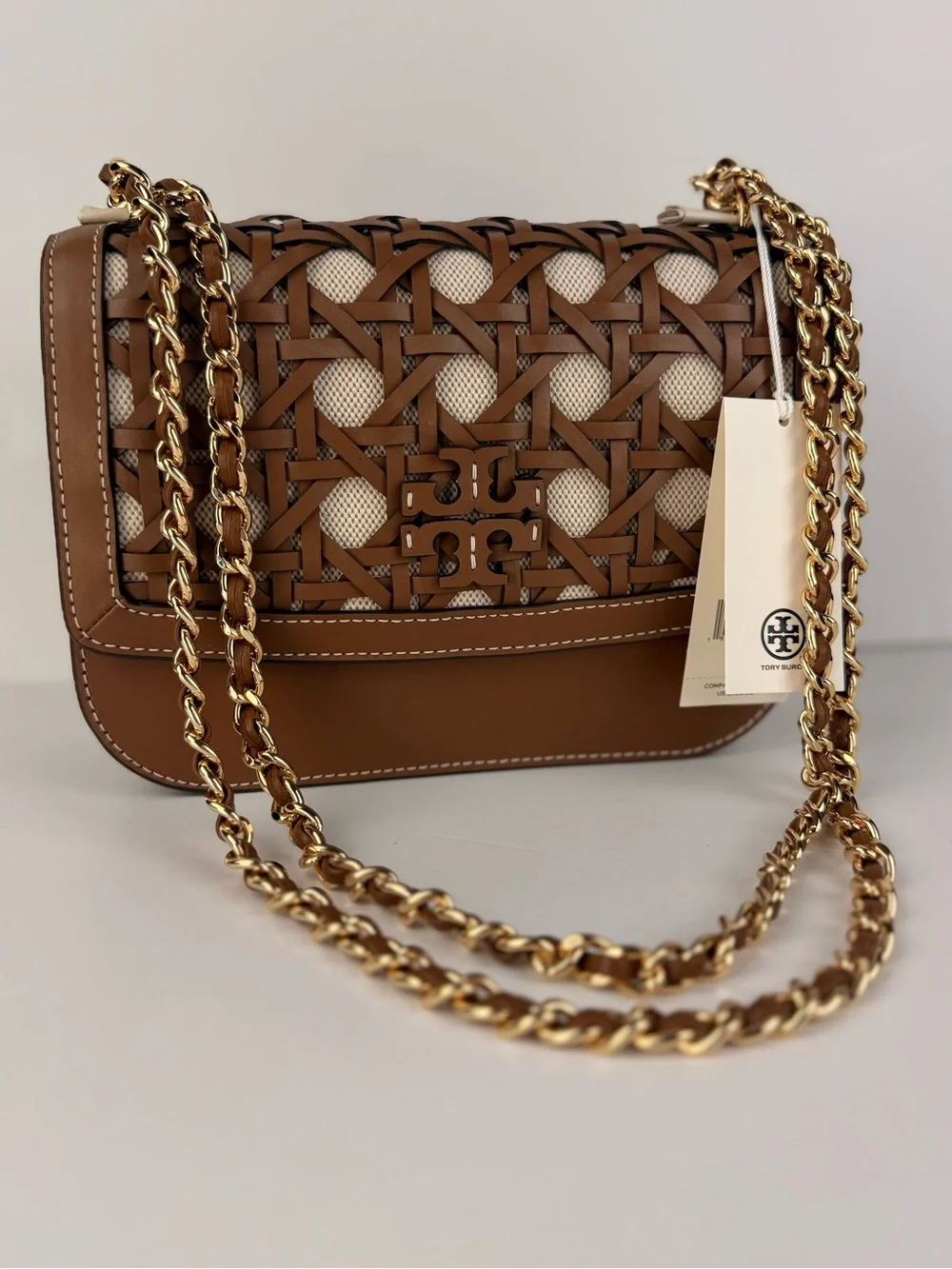Tory Burch Britten Basket-Weave Small Adjustable Shoulder Bag Moose Brown $598